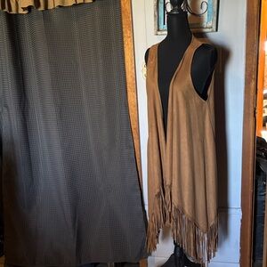 Fringe Suede-Look Sleeveless Duster Vest in Warm Cognac